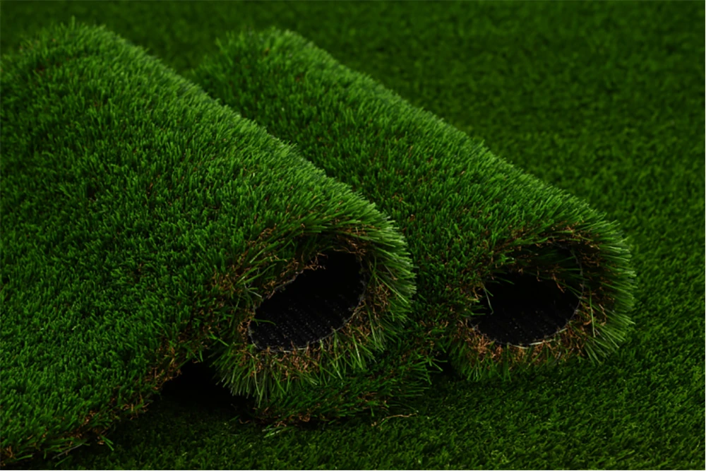 HBA40 40mm four-color blended artificial grass rolls showing high-density realistic grass blades with brown thatch