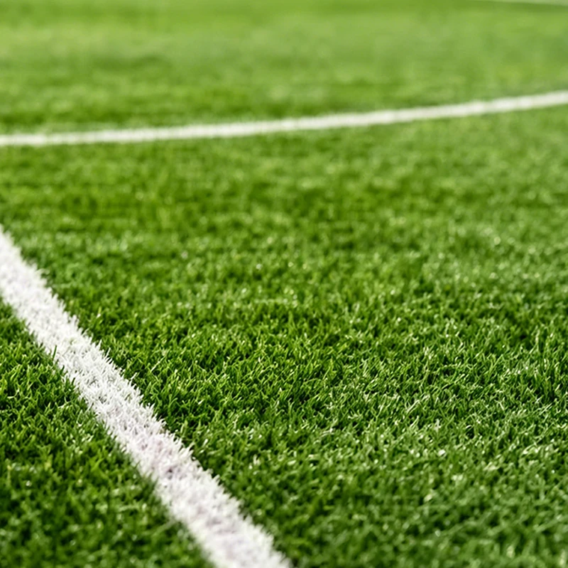High-quality football field with soft PE fibers and white marking lines, highlighting the expertise of professional artificial sports turf manufacturers in sports safety banner