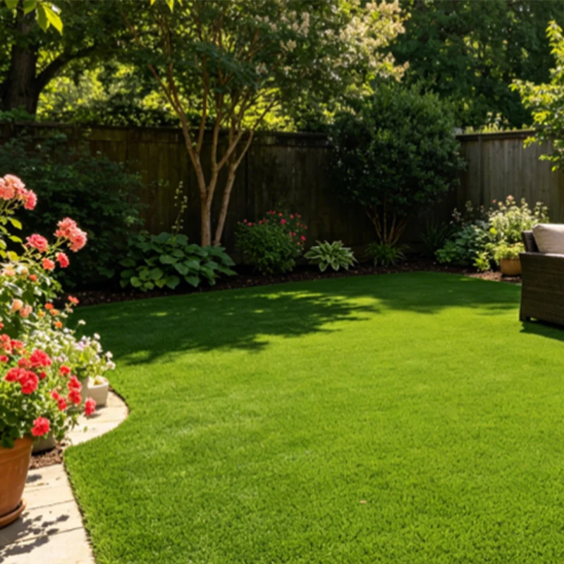 Beautiful residential backyard landscape featuring lush high density artificial turf with outdoor patio furniture and blooming flowers banner