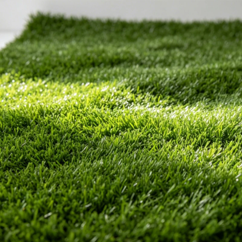 A close-up horizontal view of a lush green synthetic lawn mat banner