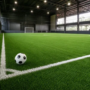 Indoor futsal artificial grass sports court with green turf surface, white field lines, and modern indoor stadium lighting banner