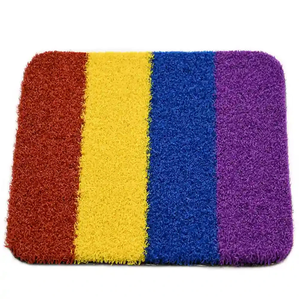 x nature 16mm artificial putting green turf featuring four distinct color bands in red, yellow, blue, and purple
